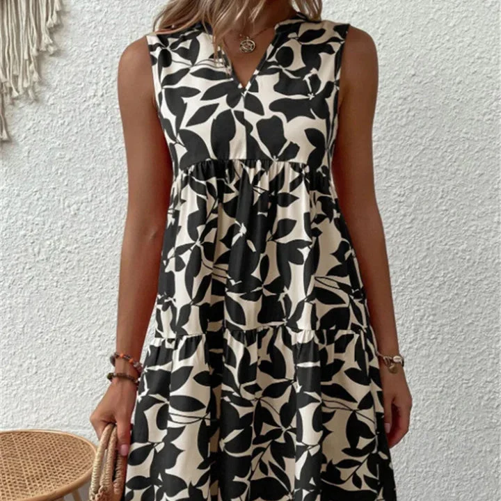 Damenkleid in A-Linie mit Blumenmuster und V-Ausschnitt