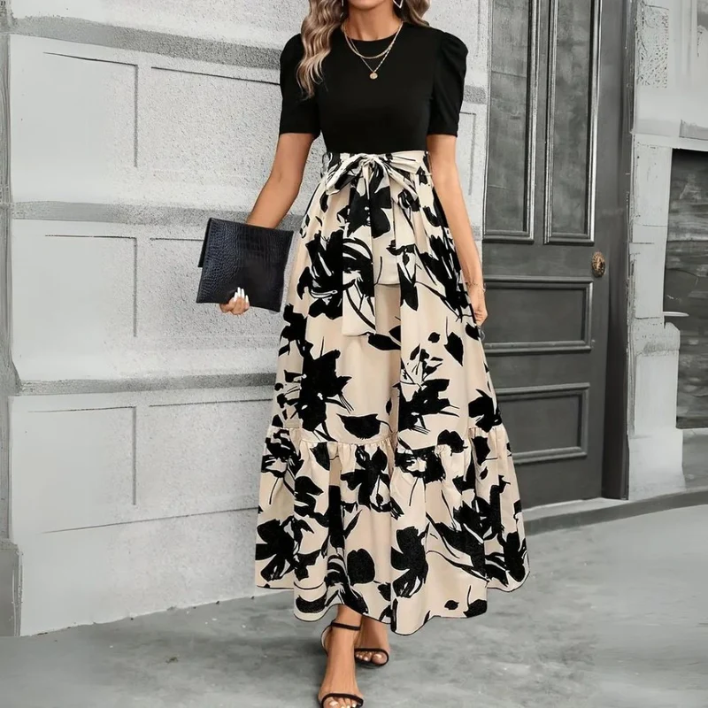 Damen-Maxikleid mit Blumenmuster und Schleifengürtel