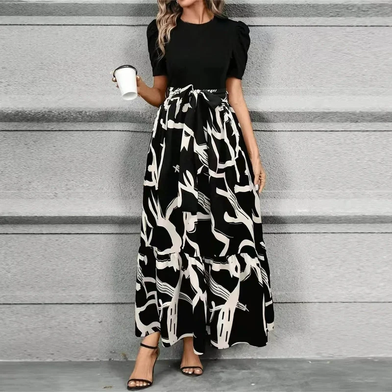 Damen-Maxikleid mit Blumenmuster und Schleifengürtel
