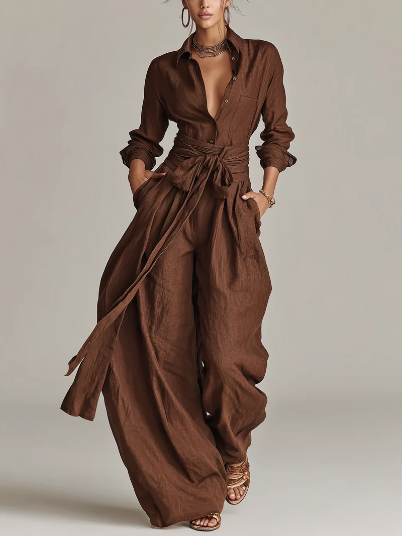 Damen-Jumpsuit aus Leinenmischung mit Gürtel und Hemdkragen