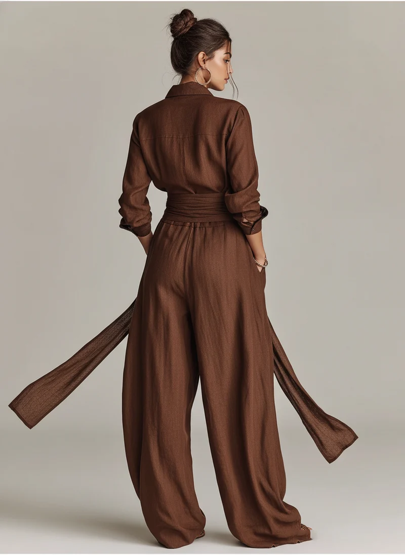 Damen-Jumpsuit aus Leinenmischung mit Gürtel und Hemdkragen