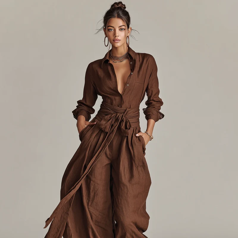 Damen-Jumpsuit aus Leinenmischung mit Gürtel und Hemdkragen