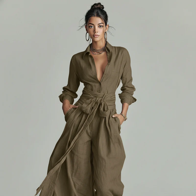 Damen-Jumpsuit aus Leinenmischung mit Gürtel und Hemdkragen