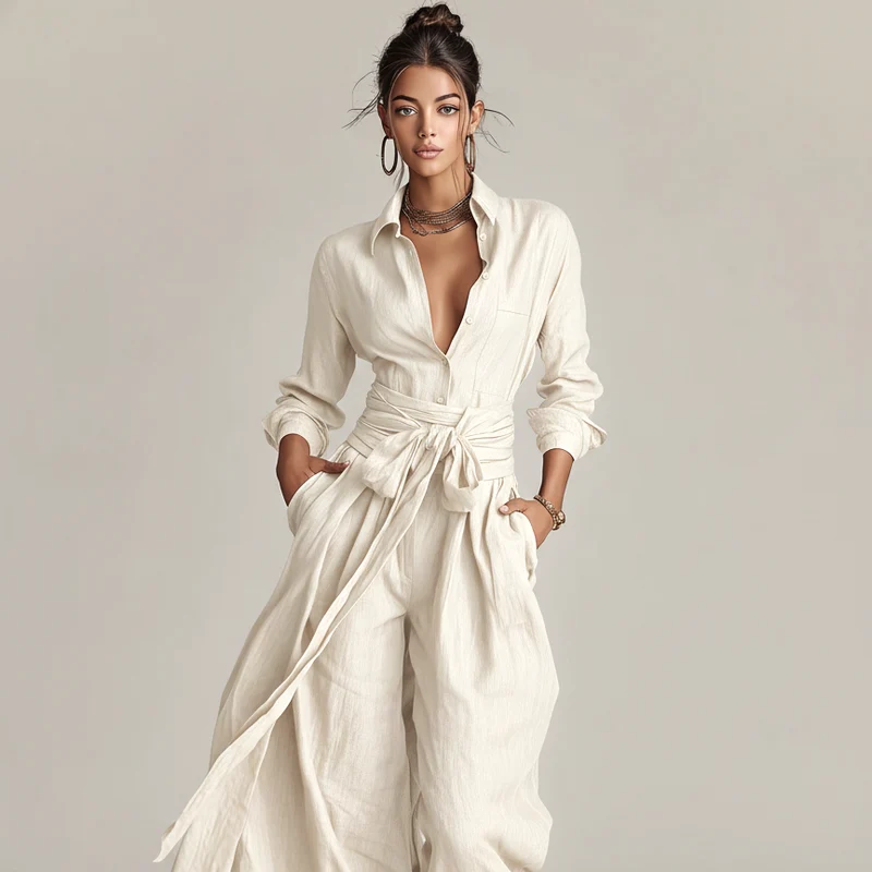 Damen-Jumpsuit aus Leinenmischung mit Gürtel und Hemdkragen
