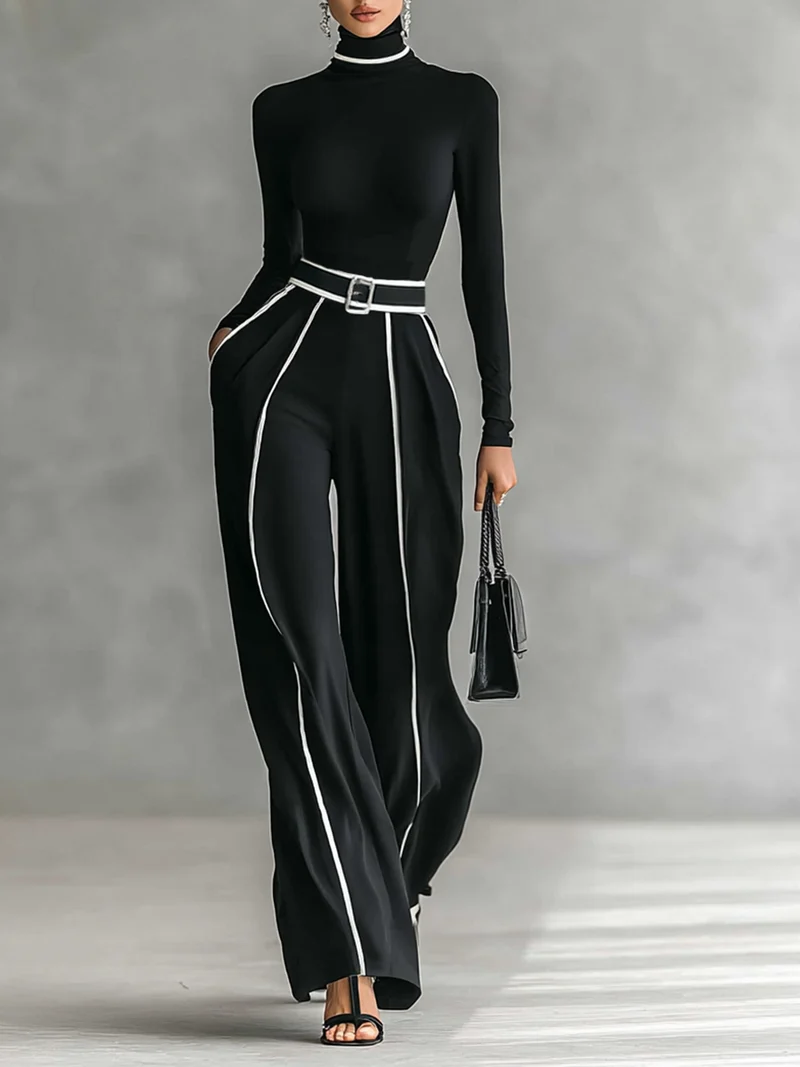Set aus Damen-Rollkragenpullover und Hose mit weitem Bein