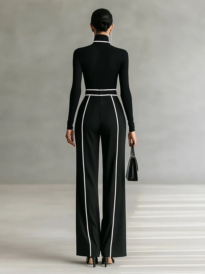Set aus Damen-Rollkragenpullover und Hose mit weitem Bein
