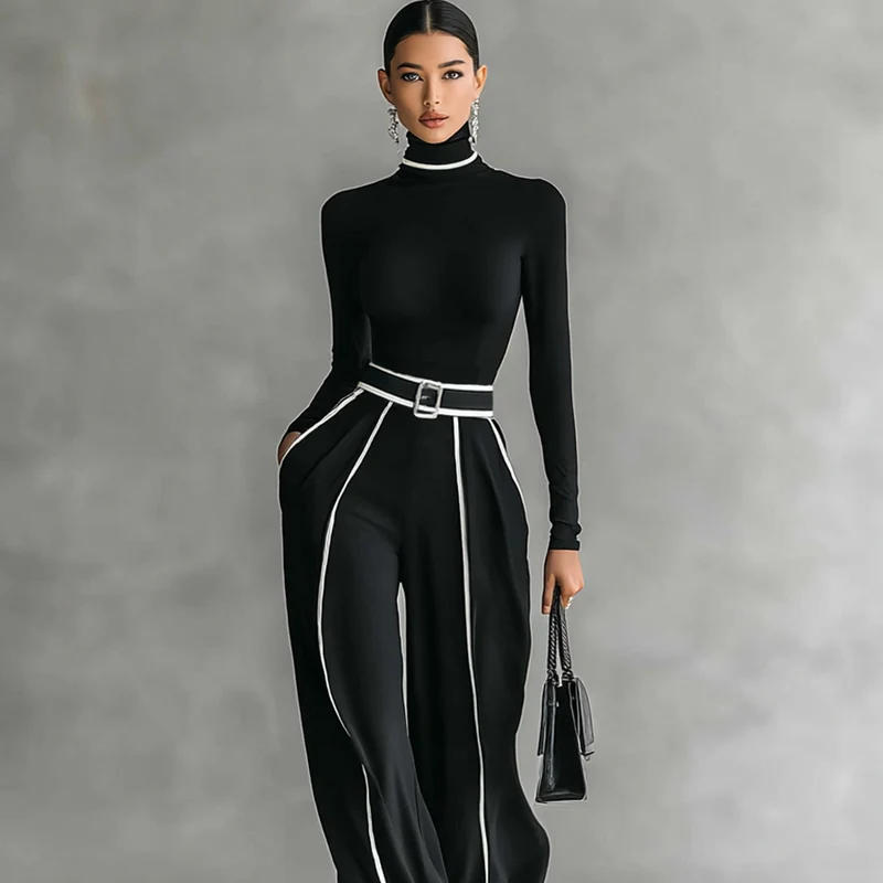 Set aus Damen-Rollkragenpullover und Hose mit weitem Bein