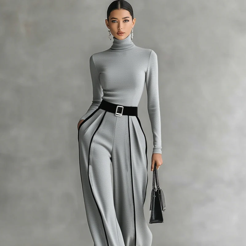Set aus Damen-Rollkragenpullover und Hose mit weitem Bein