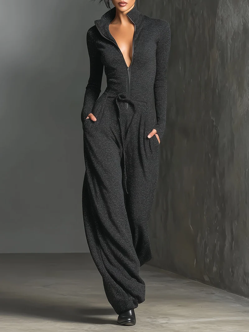 Glitzernder Strick-Jumpsuit mit weitem Bein für Damen | Reißverschluss vorne