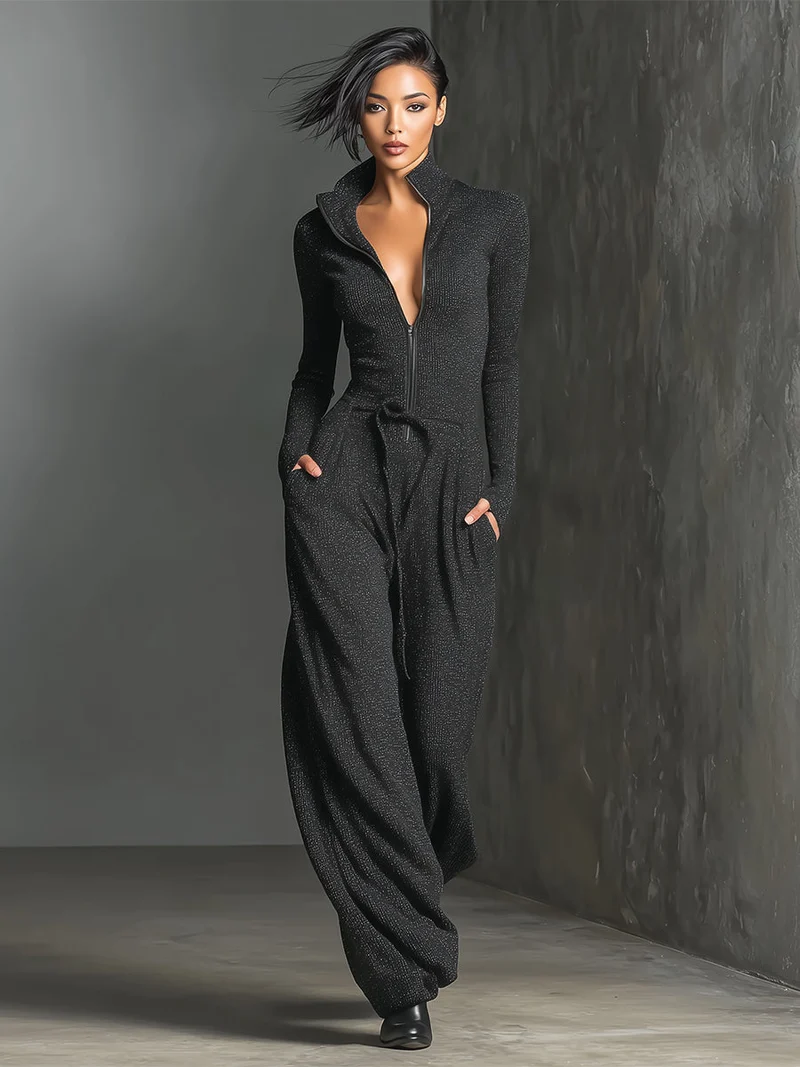 Glitzernder Strick-Jumpsuit mit weitem Bein für Damen | Reißverschluss vorne