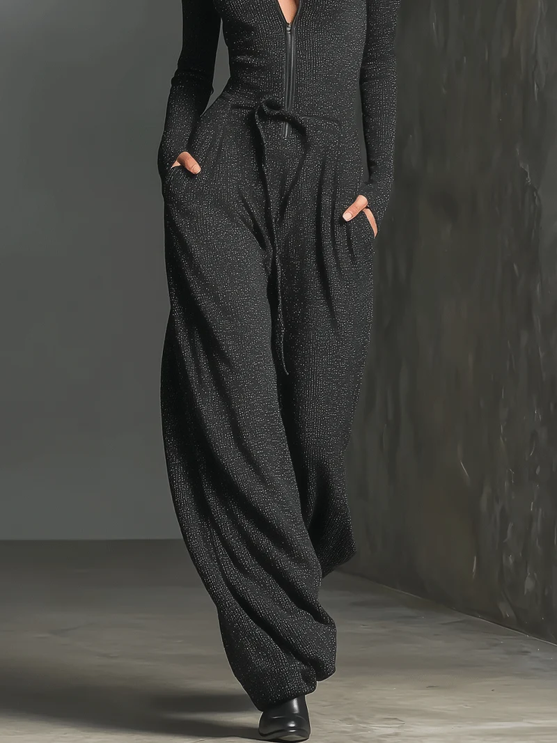 Glitzernder Strick-Jumpsuit mit weitem Bein für Damen | Reißverschluss vorne