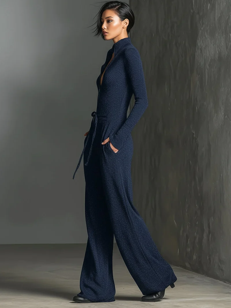 Glitzernder Strick-Jumpsuit mit weitem Bein für Damen | Reißverschluss vorne