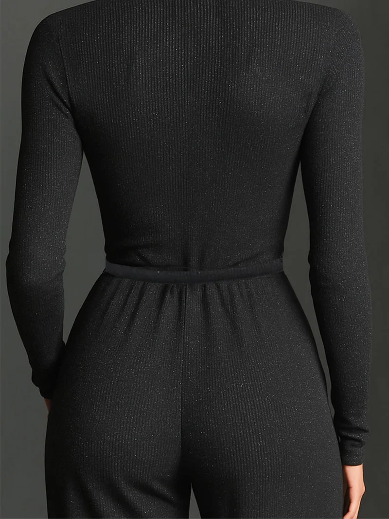 Glitzernder Strick-Jumpsuit mit weitem Bein für Damen | Reißverschluss vorne
