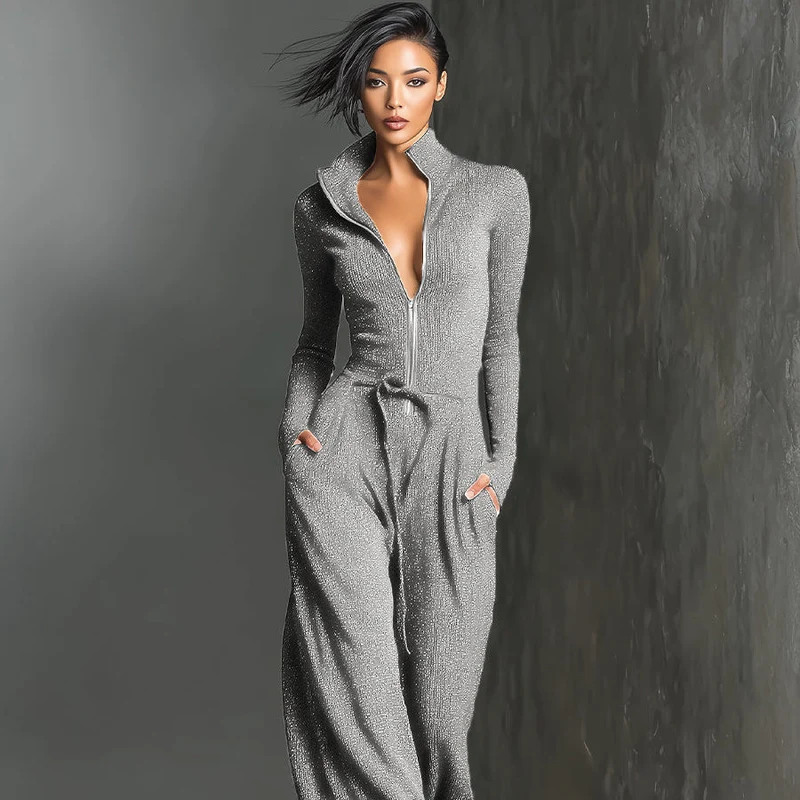 Glitzernder Strick-Jumpsuit mit weitem Bein für Damen | Reißverschluss vorne