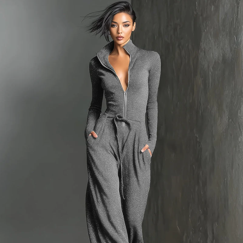 Glitzernder Strick-Jumpsuit mit weitem Bein für Damen | Reißverschluss vorne