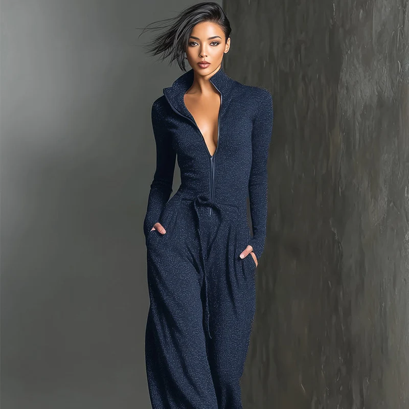 Glitzernder Strick-Jumpsuit mit weitem Bein für Damen | Reißverschluss vorne