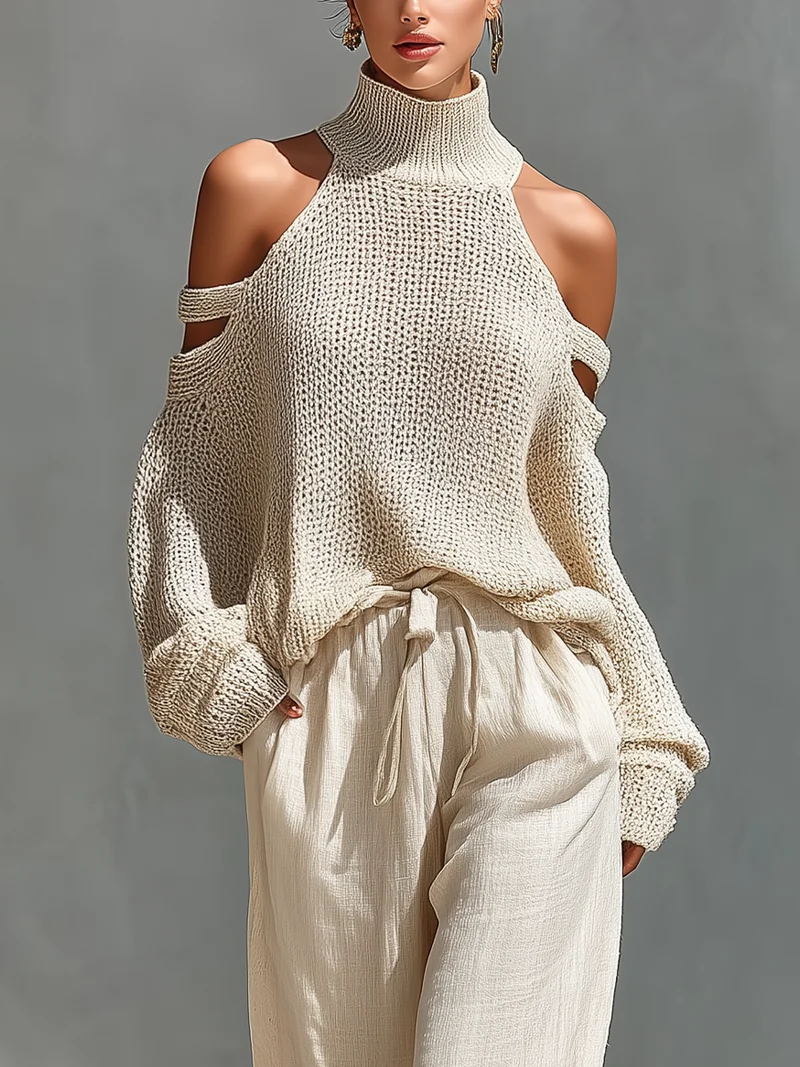Set aus einem gestrickten Damen-Rollkragenpullover mit Cold-Shoulder-Ausschnitt und einer Hose mit weitem Bein