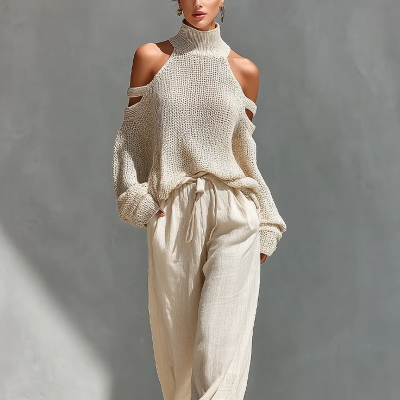 Set aus einem gestrickten Damen-Rollkragenpullover mit Cold-Shoulder-Ausschnitt und einer Hose mit weitem Bein