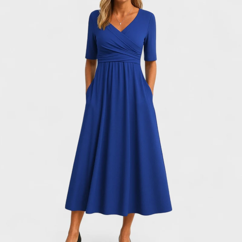 Midi-Kleid für Damen, Wickelkleid mit V-Ausschnitt und Taschen