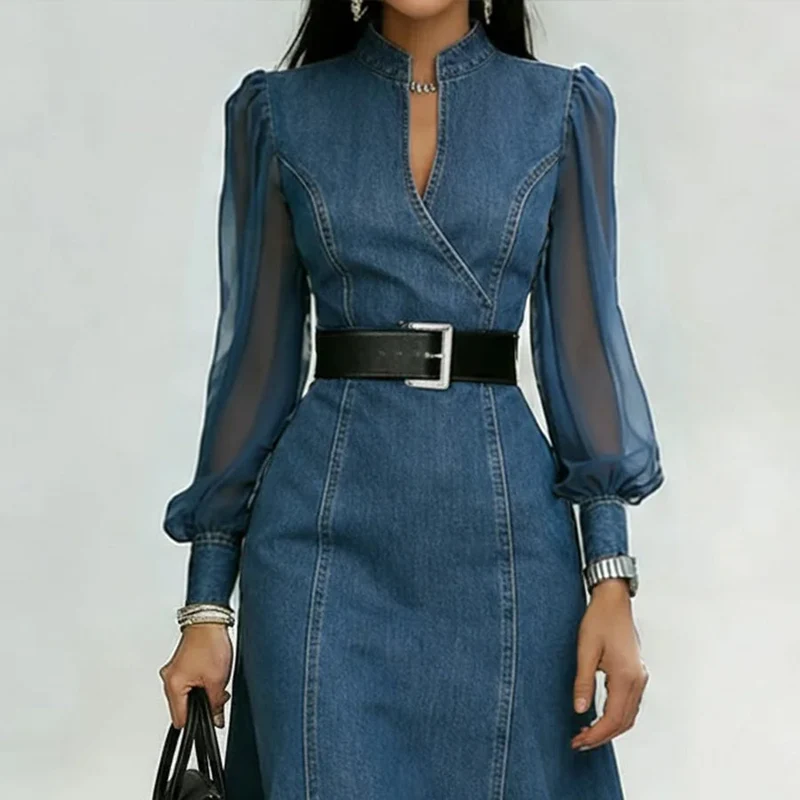 Damen-Jeanskleid mit Organza-Ärmeln
