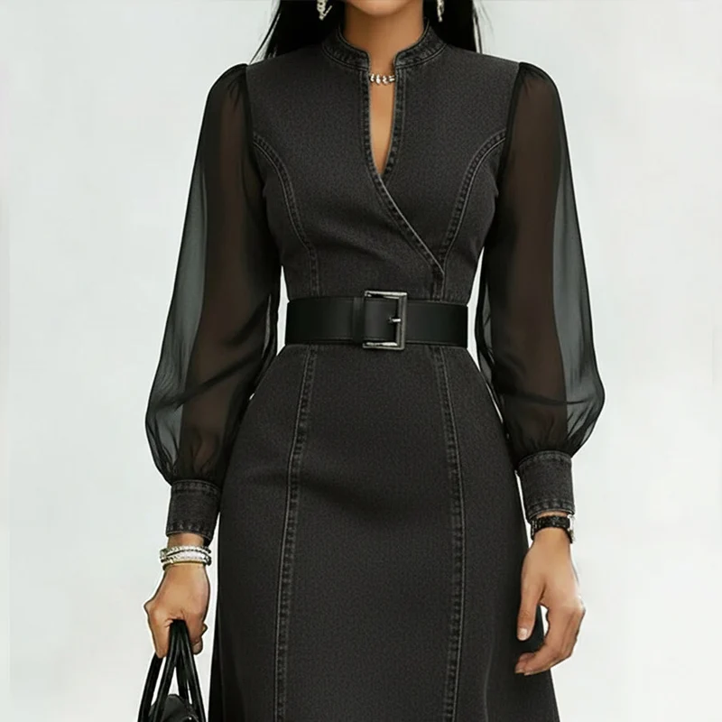 Damen-Jeanskleid mit Organza-Ärmeln