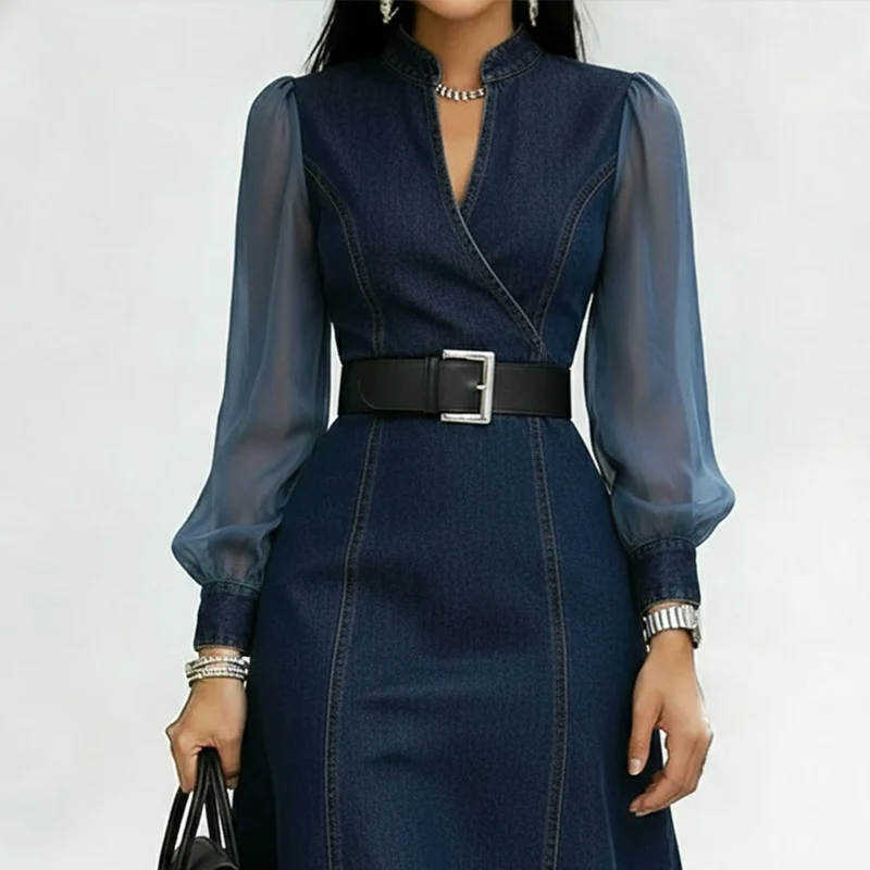 Damen-Jeanskleid mit Organza-Ärmeln
