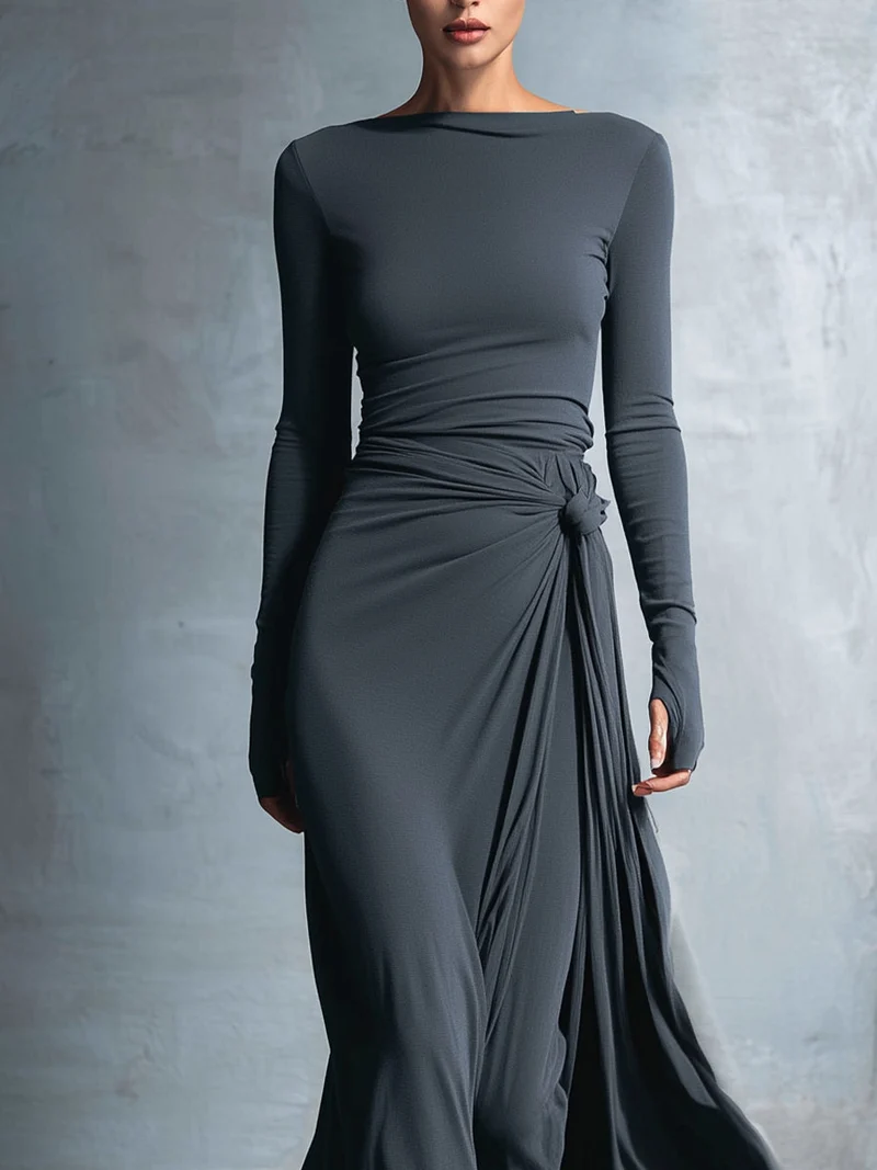 Damen-Maxikleid im Wickelstil, gestrickt, mit Knopf