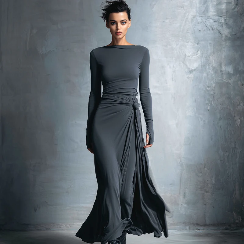 Damen-Maxikleid im Wickelstil, gestrickt, mit Knopf