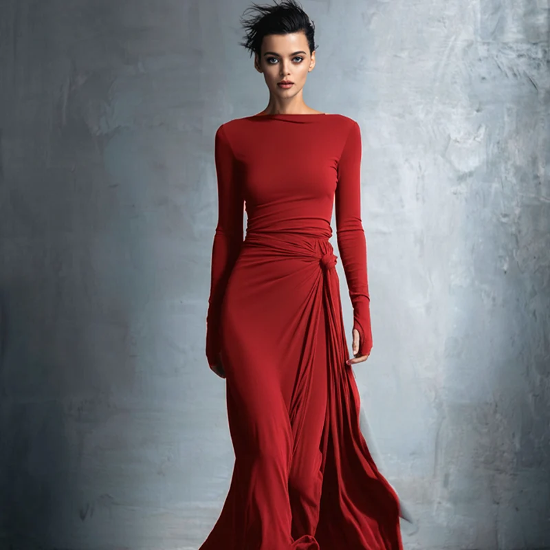 Damen-Maxikleid im Wickelstil, gestrickt, mit Knopf