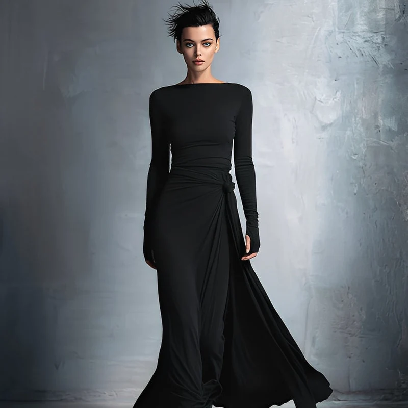 Damen-Maxikleid im Wickelstil, gestrickt, mit Knopf