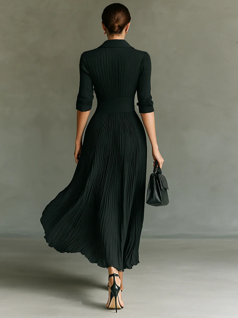 Damen-Maxikleid mit Reverskragen und Plissee-Gürtel