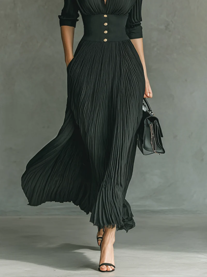 Damen-Maxikleid mit Reverskragen und Plissee-Gürtel