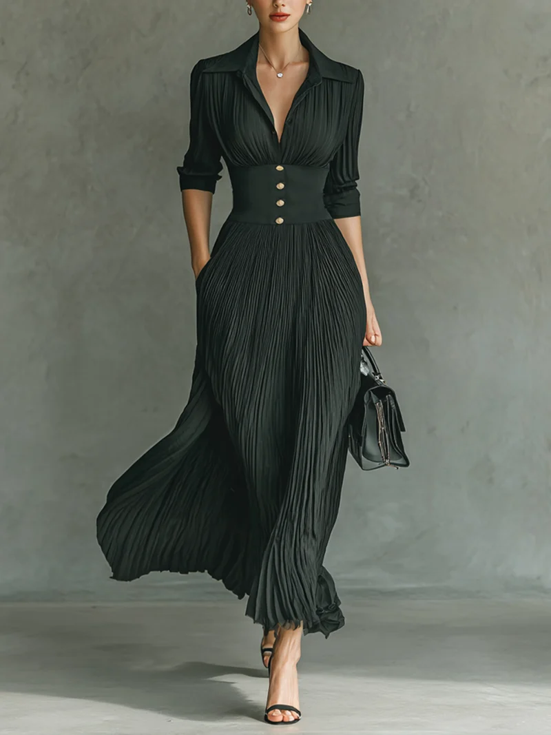 Damen-Maxikleid mit Reverskragen und Plissee-Gürtel