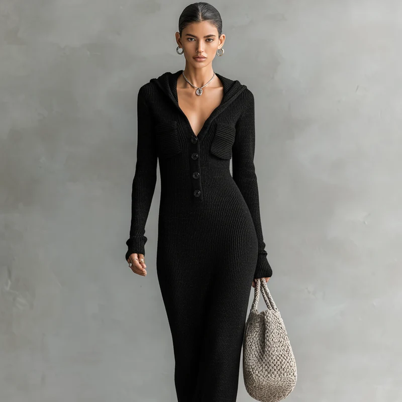 Damen-Strick-Maxikleid mit Kapuze