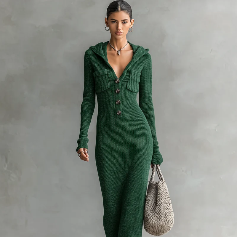 Damen-Strick-Maxikleid mit Kapuze