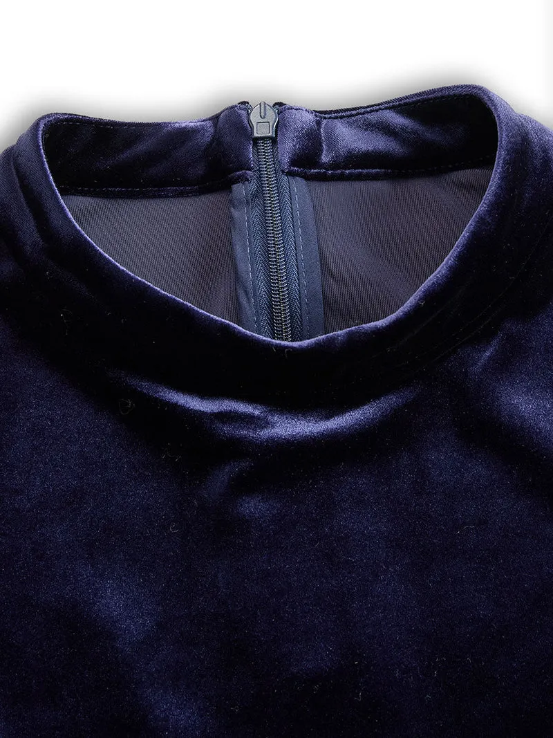 Damen-Midi-Kleid aus marineblauem Samt mit langen Ärmeln