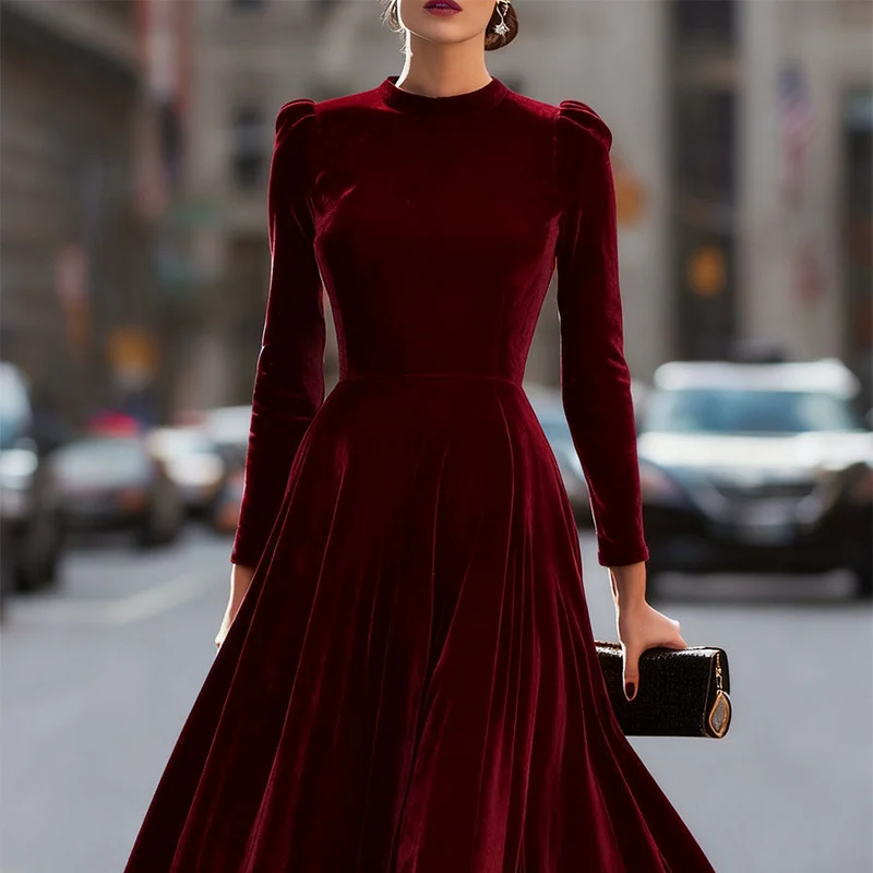 Damen-Midi-Kleid aus marineblauem Samt mit langen Ärmeln