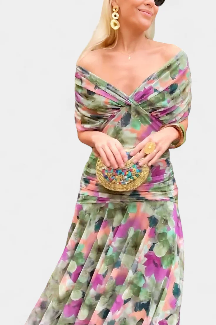 Damen-Maxikleid mit V-Ausschnitt und Blumenmuster