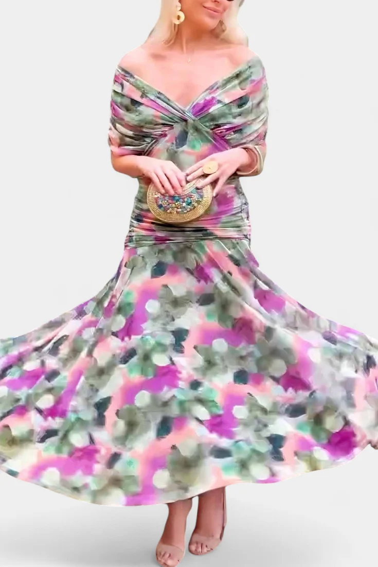Damen-Maxikleid mit V-Ausschnitt und Blumenmuster