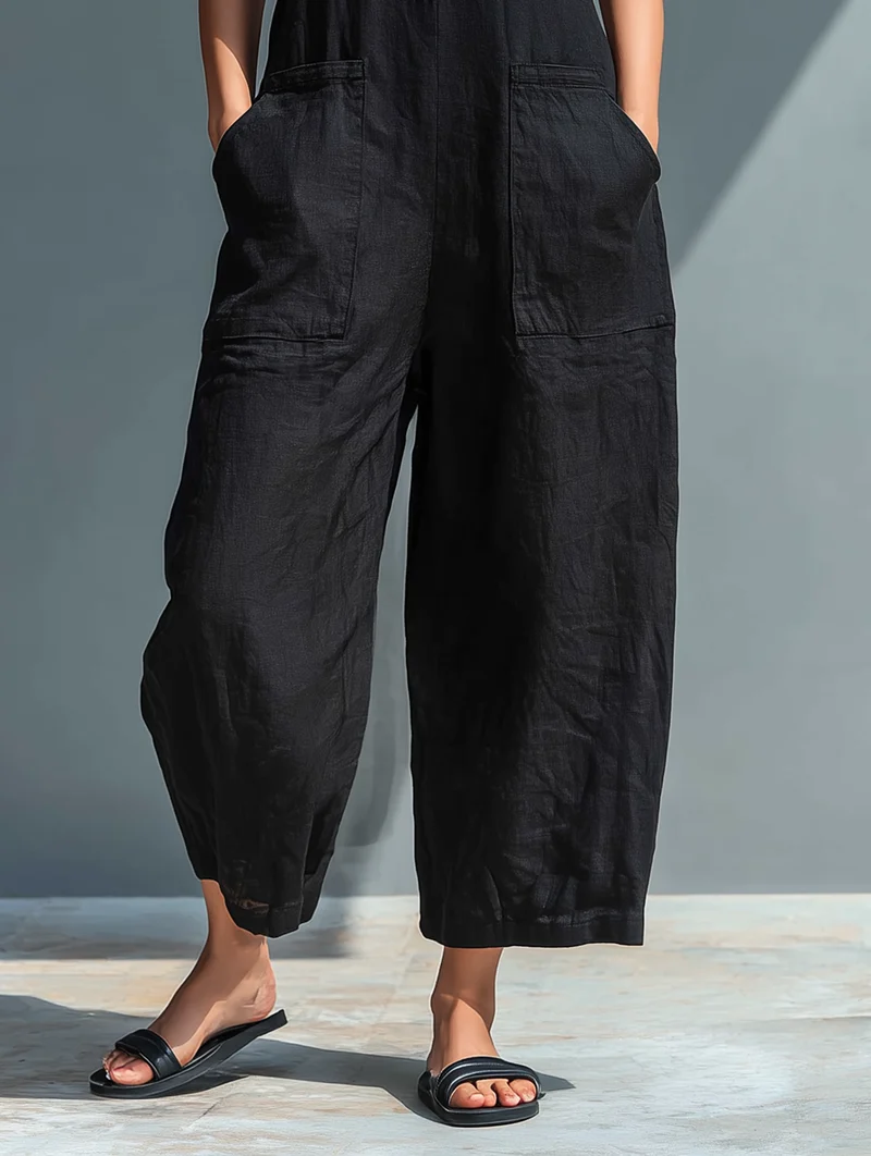 Damen-Jumpsuit aus Leinenmischung, ärmellos, mit Knopfleiste