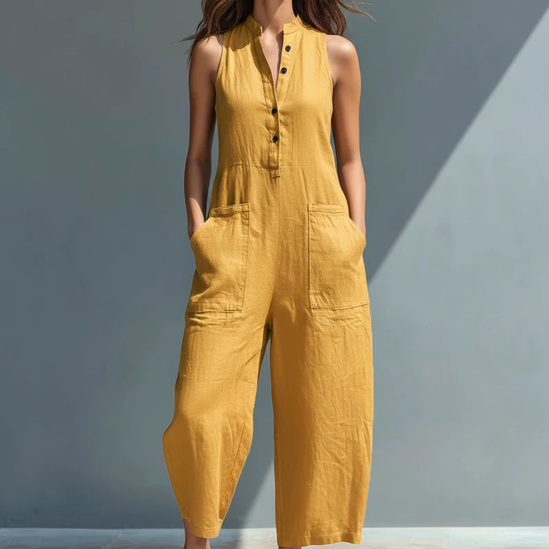 Damen-Jumpsuit aus Leinenmischung, ärmellos, mit Knopfleiste