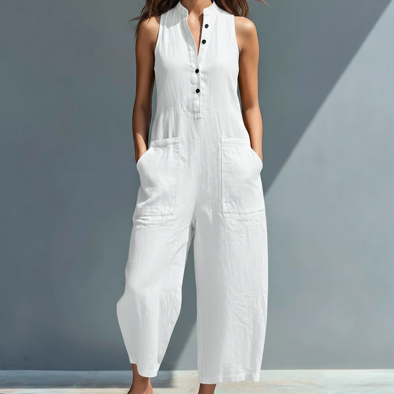 Damen-Jumpsuit aus Leinenmischung, ärmellos, mit Knopfleiste