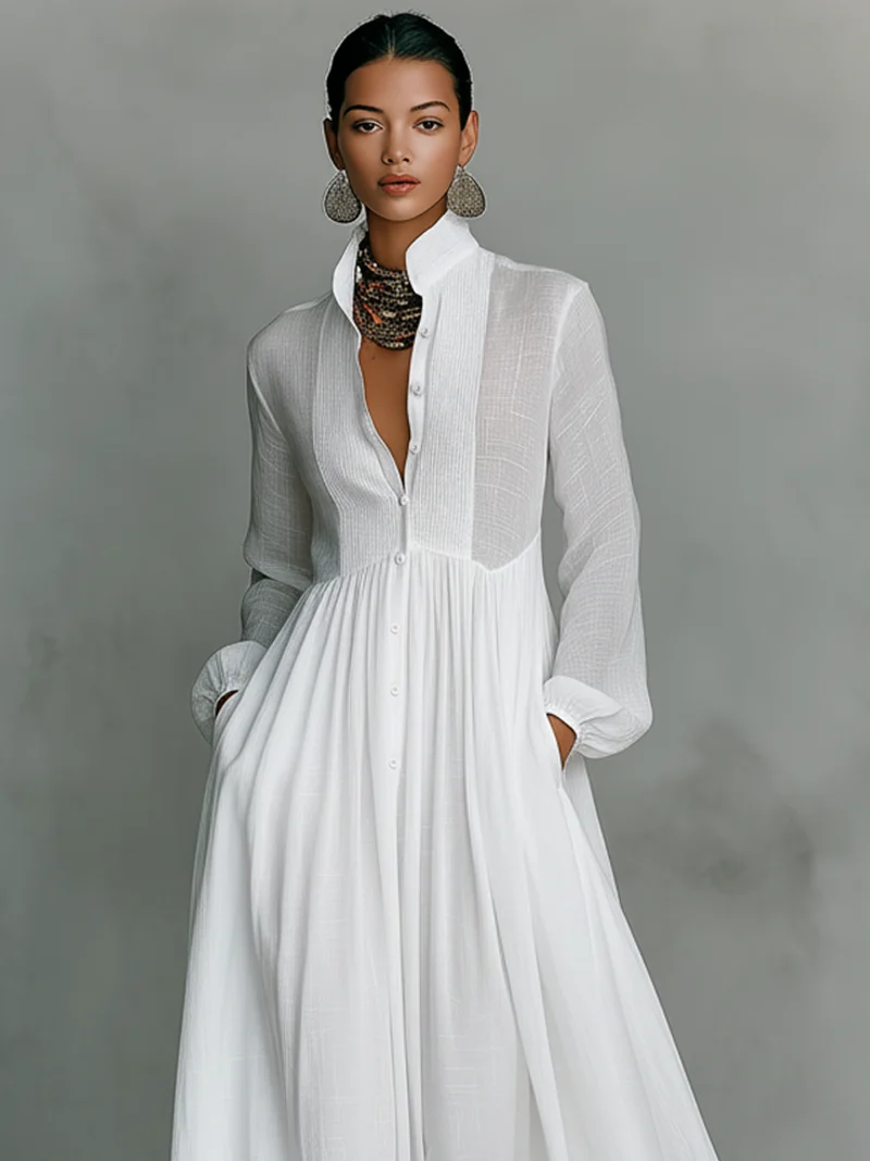 Damen-Maxikleid aus Leinenmischung mit Patchwork-Muster und Knopfleiste