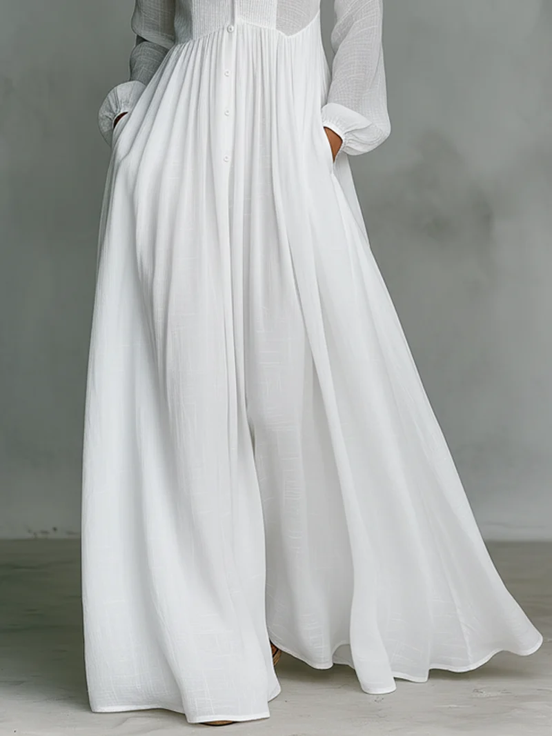 Damen-Maxikleid aus Leinenmischung mit Patchwork-Muster und Knopfleiste