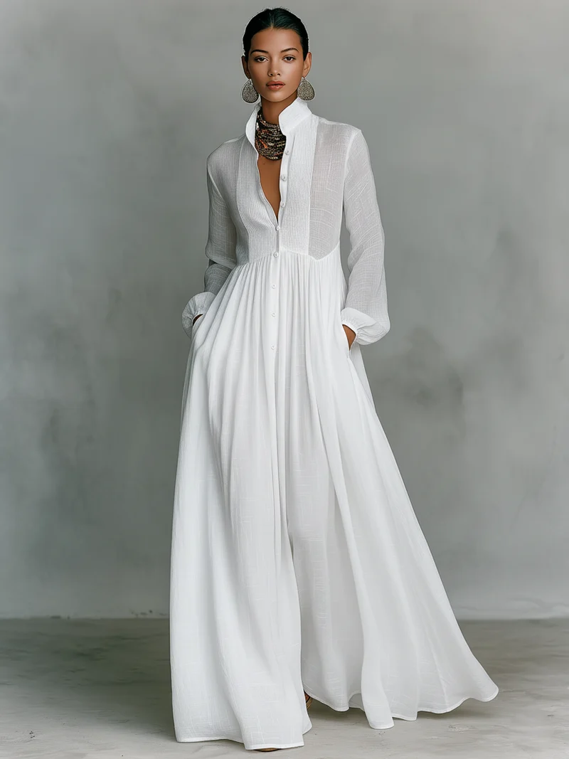Damen-Maxikleid aus Leinenmischung mit Patchwork-Muster und Knopfleiste