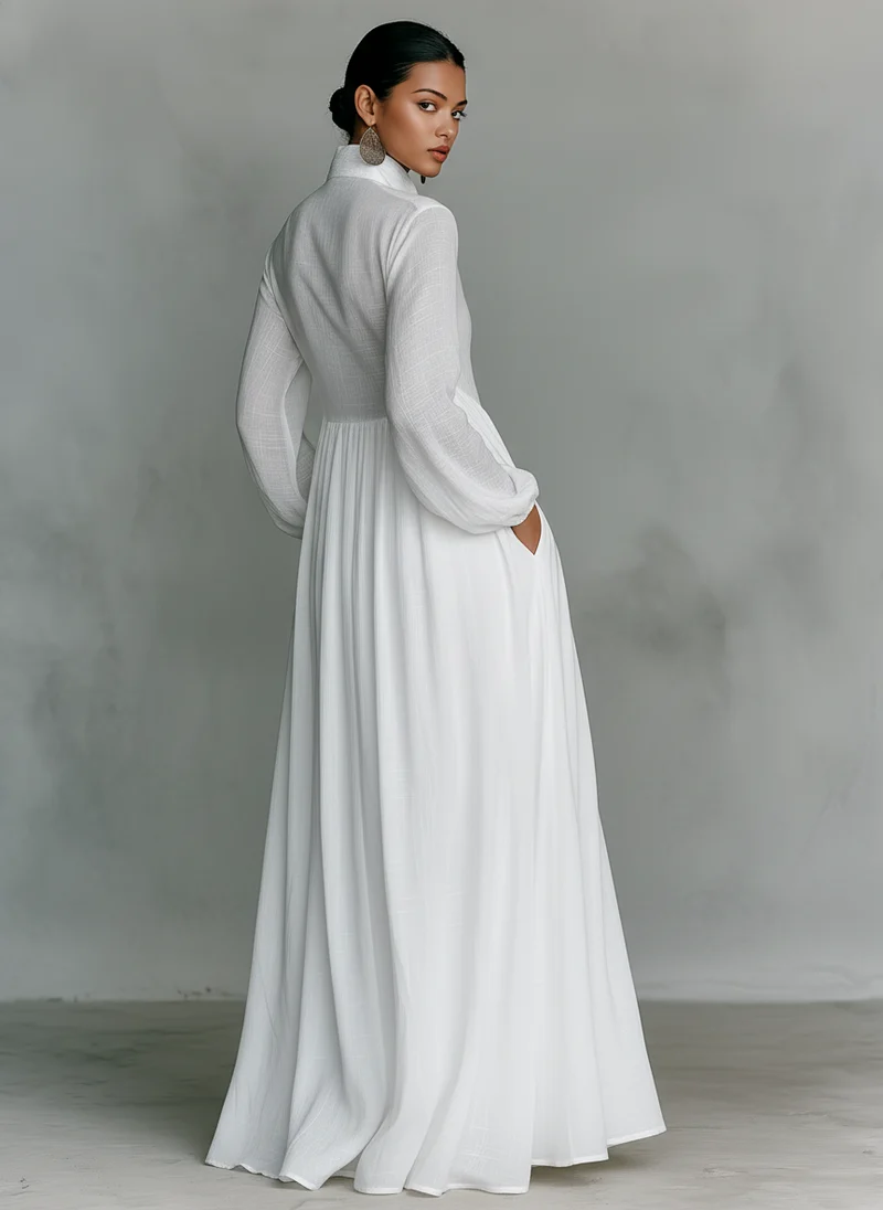 Damen-Maxikleid aus Leinenmischung mit Patchwork-Muster und Knopfleiste