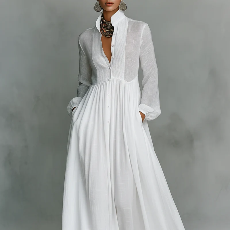 Damen-Maxikleid aus Leinenmischung mit Patchwork-Muster und Knopfleiste