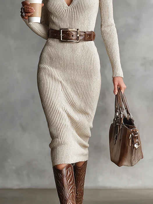Damen-Strickkleid in Midi-Länge mit Gürtel