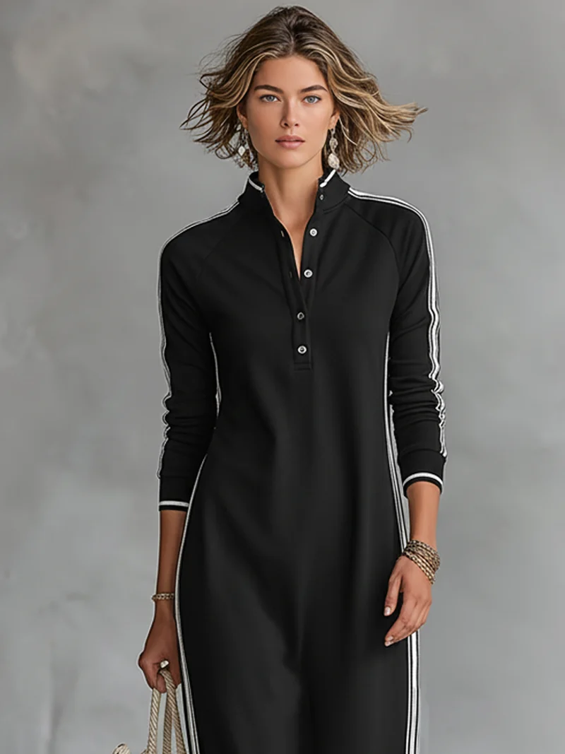 Damen-Maxi-Sweatkleid mit Knopfleiste und Kragen