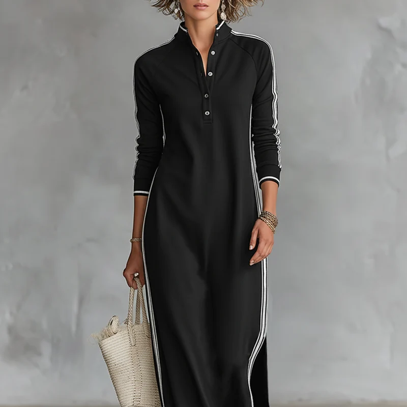 Damen-Maxi-Sweatkleid mit Knopfleiste und Kragen